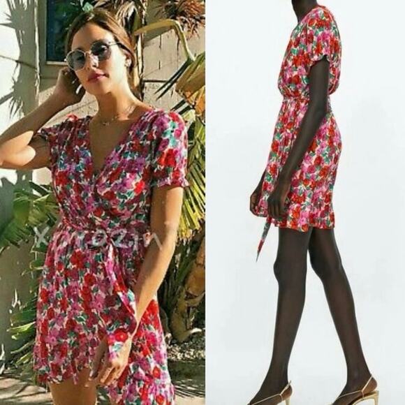 Zara Pink and Red Floral Print Short Sleeve Mini Wrap Dress Size Large - Picture 2 of 9